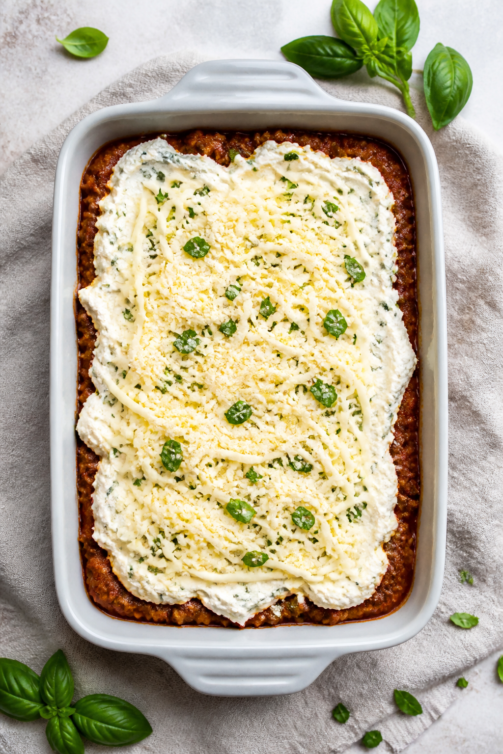 Assembly beauty shot — Layered casserole before baking: Overhead shot of a 9x13-inch baking dish s