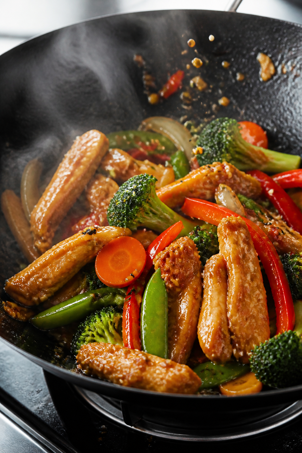 Close-up action shot of glossy, cooked chicken strips being tossed with vibrant stir-fried vegetable
