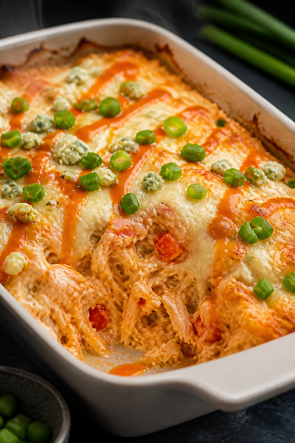 Close-up detail: A bubbling Buffalo Chicken Protein Bake just pulled from the oven, edges visibly si
