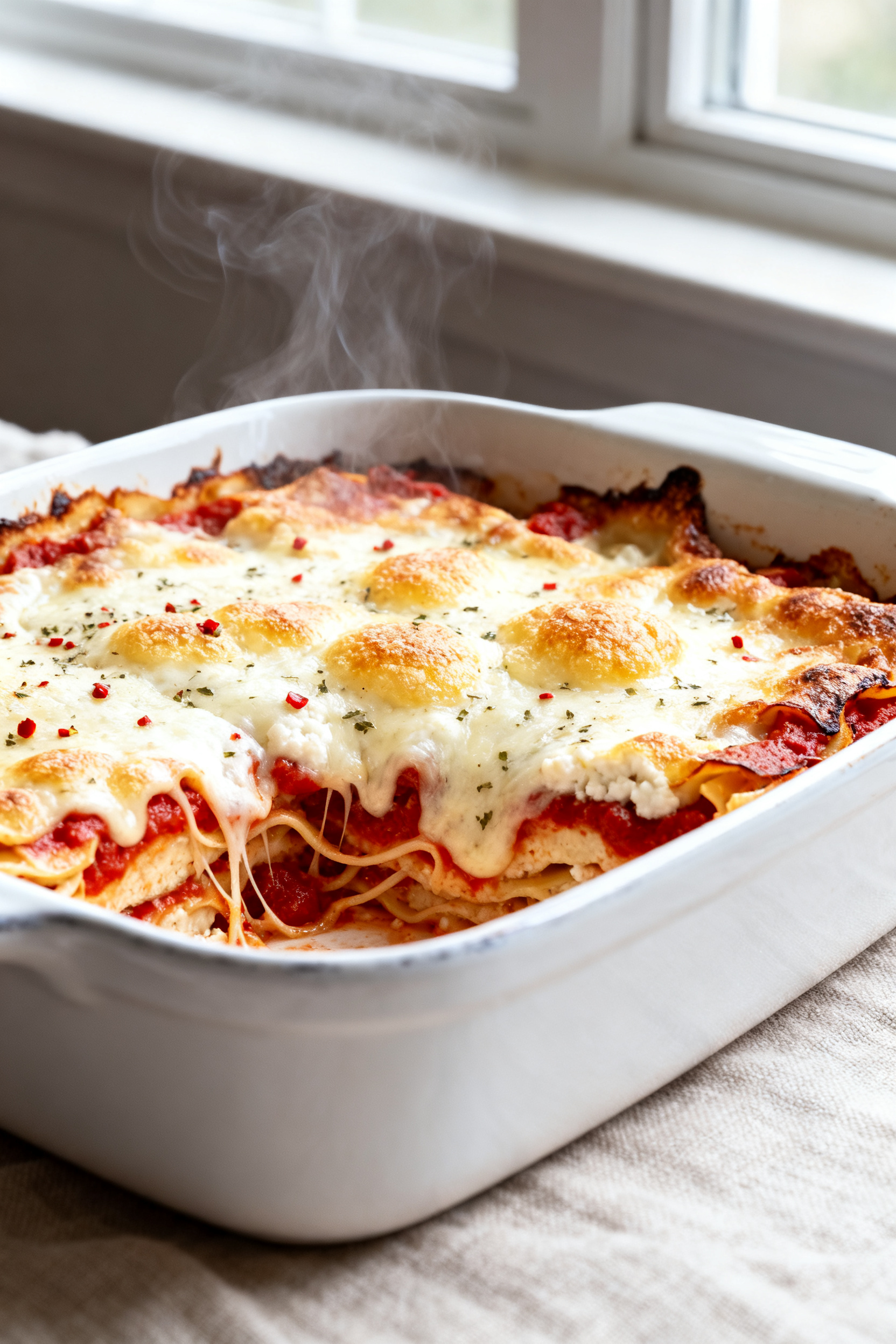 Close-up detail: A bubbling Cottage Cheese Lasagna Bake just after foil removal, cheese melting and