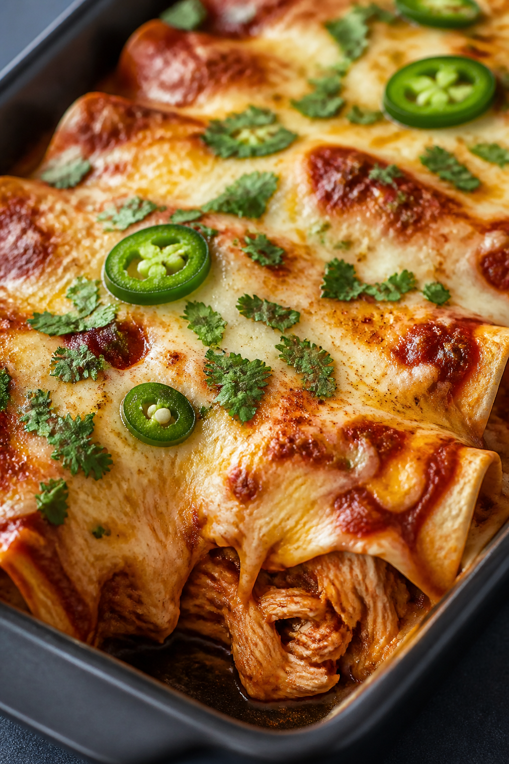 Close-up detail: A bubbling, freshly baked chicken enchilada casserole just out of the oven, cheese 