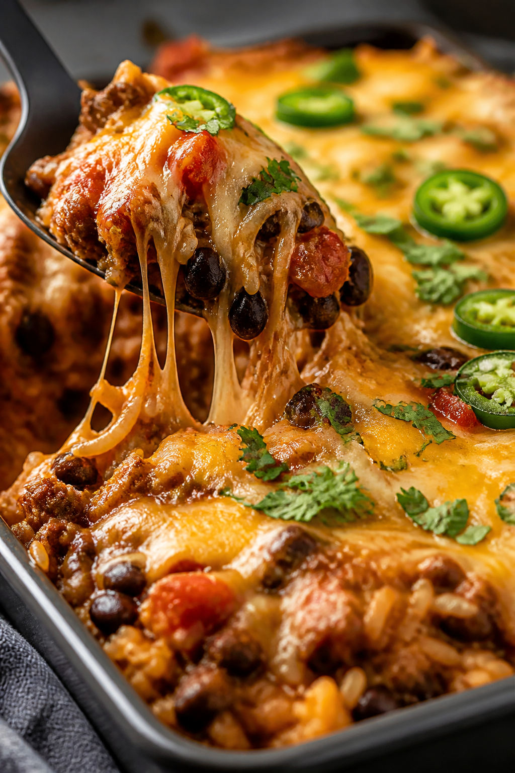 Close-up detail: A bubbling, just-out-of-the-oven Ground Beef Taco Rice Casserole with melted chedda