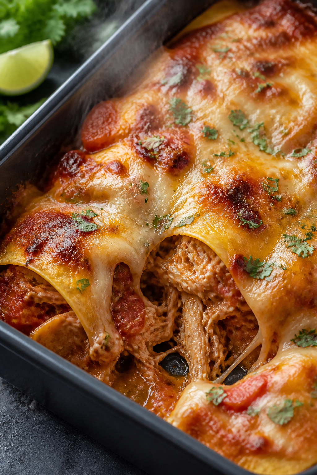 Close-up detail: A bubbling layer of the chicken taco casserole just out of the oven, cheese melted 