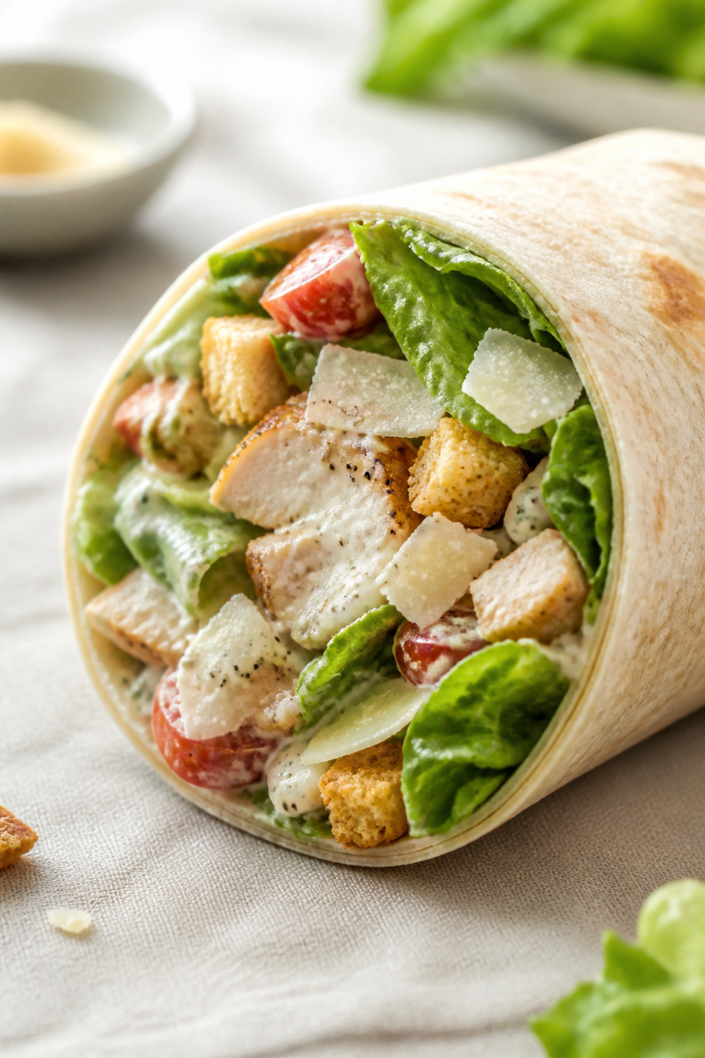 Close-up detail: A freshly seared Chicken Caesar wrap half, cut on the bias to reveal juicy chopped