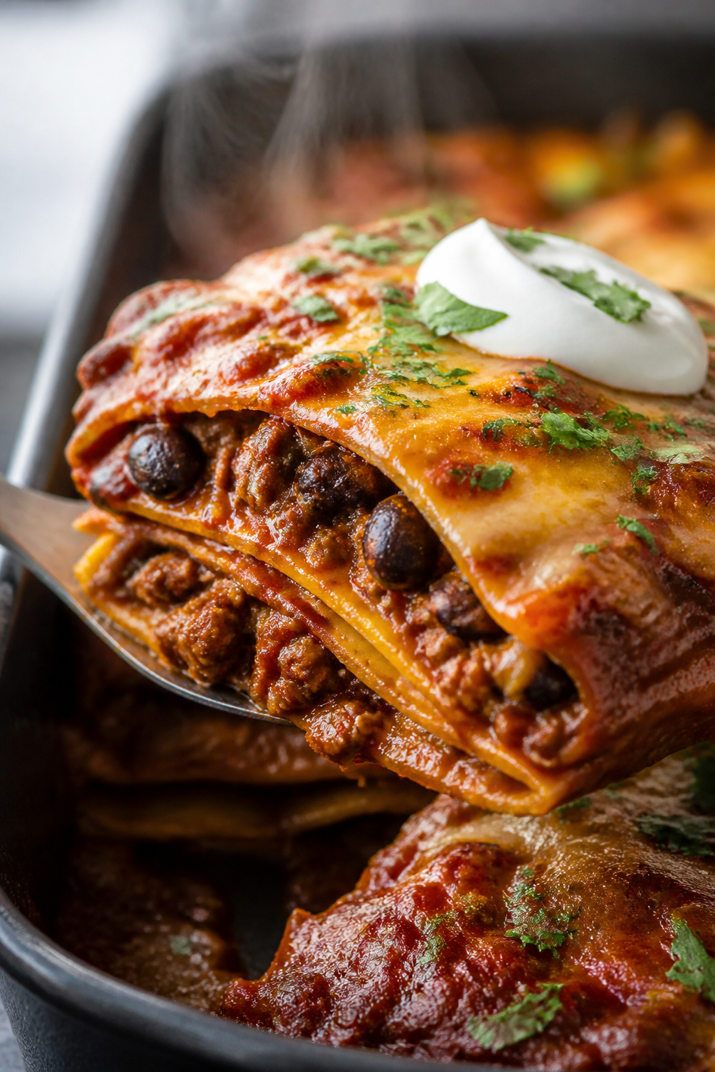 Close-up detail: A just-baked beef enchilada casserole corner being lifted with a spatula, showing d