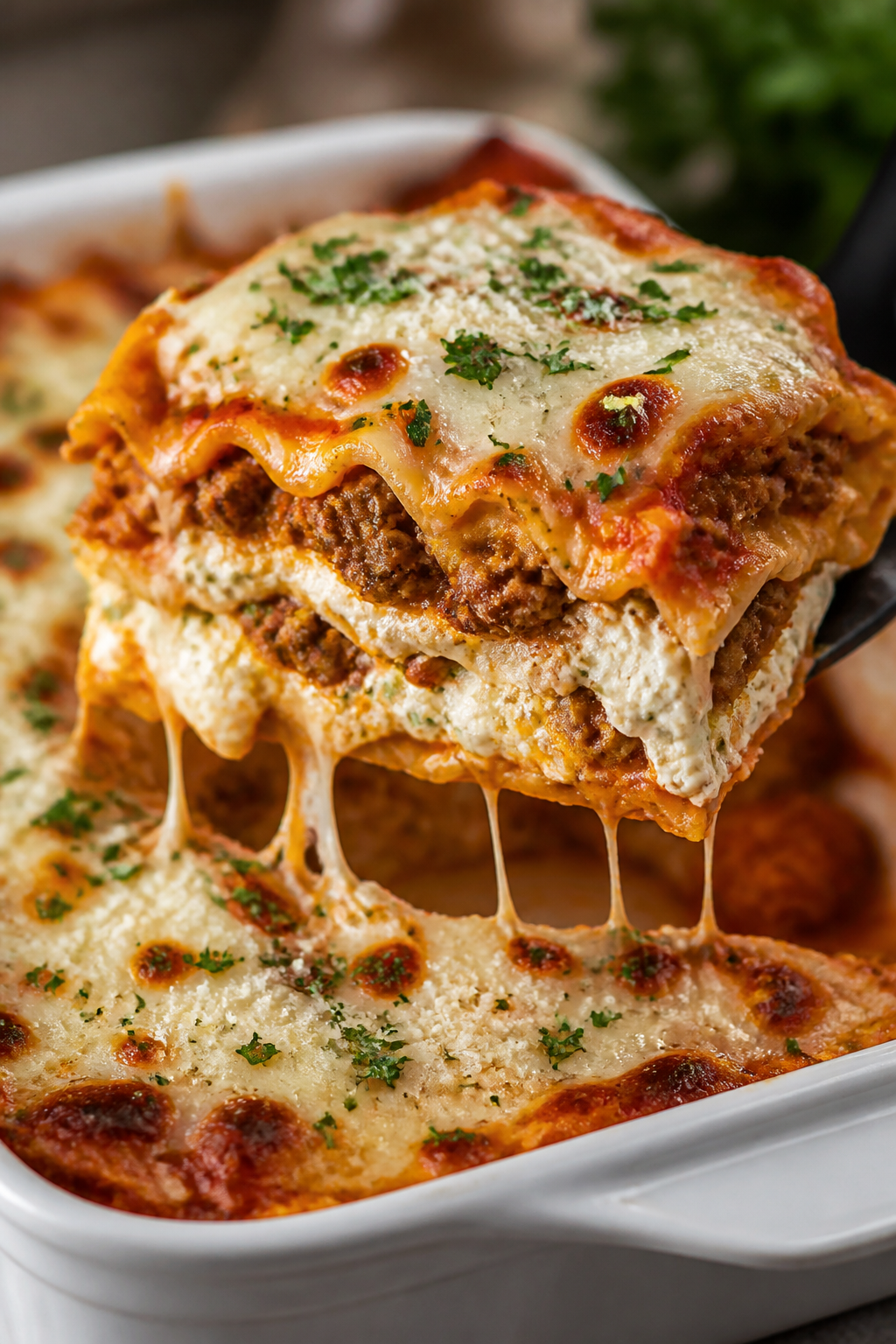 Close-up detail: A just-baked slice of Ground Beef Cottage Cheese Lasagna being lifted from the pan,