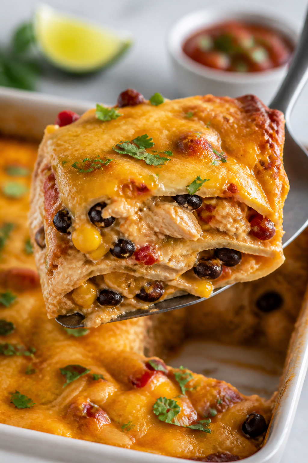 Close-up detail: A molten, just-baked slice of High Protein Chicken Taco Casserole being lifted from