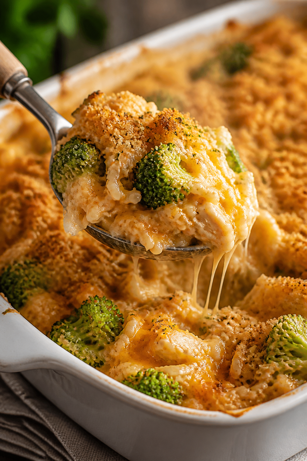 Close-up detail: A spoonful lifted from a bubbling cheesy chicken broccoli rice casserole just out o