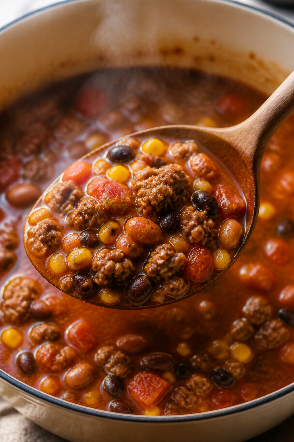 Close-up detail: A steaming ladle of Healthy Ground Beef Taco Soup lifted from a Dutch oven, showcas