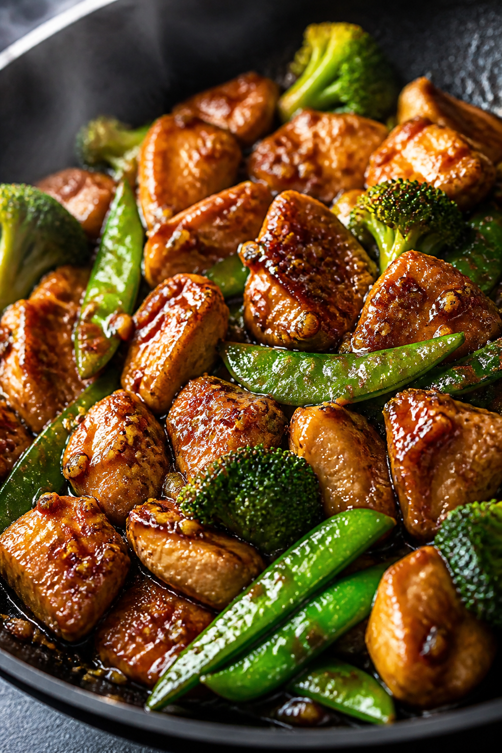 Close-up detail: Bite-size chicken and snap peas sizzling in a skillet as the glossy honey-garlic sa