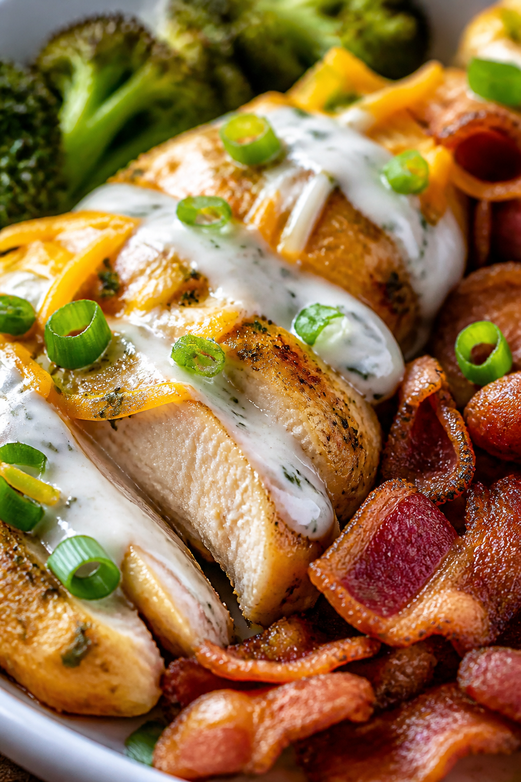 Close-up detail – chicken and bacon with ranch drizzle: Tight, shallow-depth shot of juicy chicken