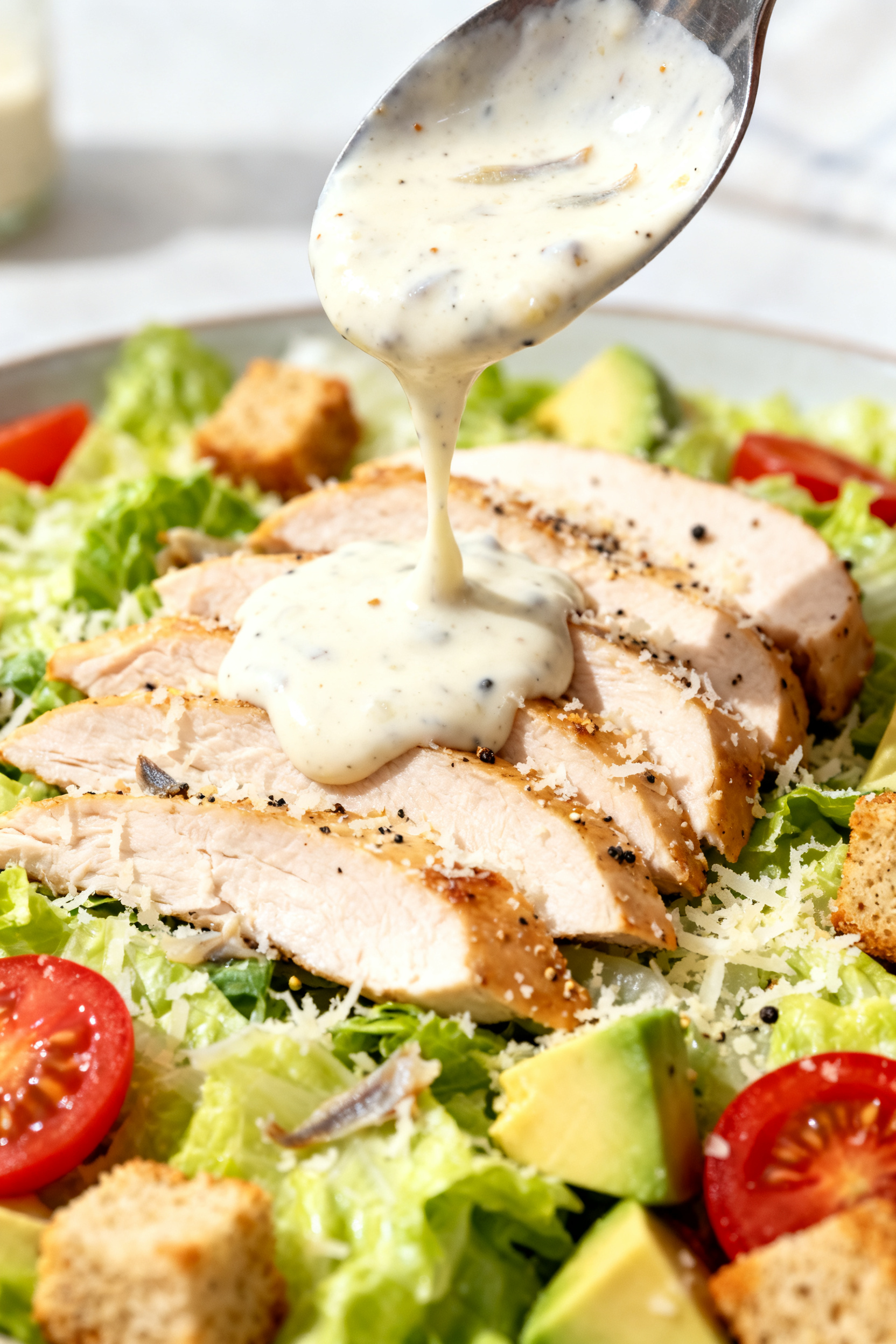 Close-up detail: Creamy high-protein Caesar dressing being spooned over sliced, juicy chicken atop a