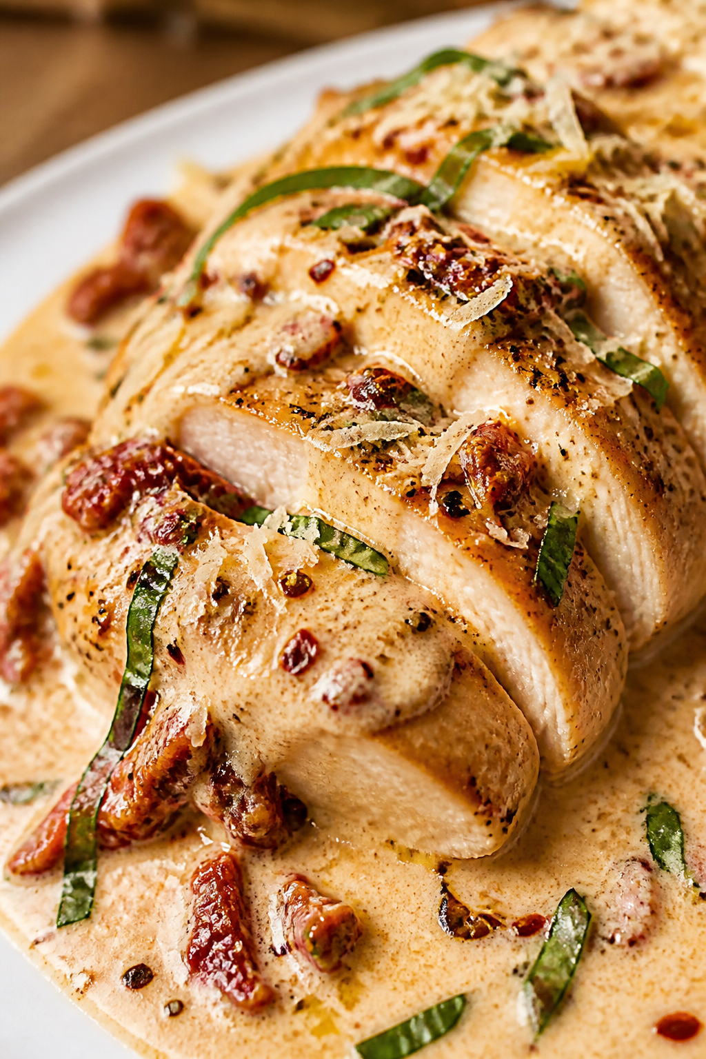 Close-up detail, creamy sauce cling: Ultra-close shot of a sliced chicken cutlet coated in silky, bl