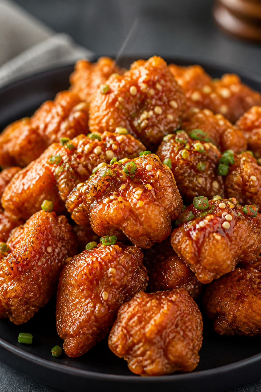 Close-up detail: Crispy air-fried hot honey chicken bites just tossed in glossy sauce, highlighting 