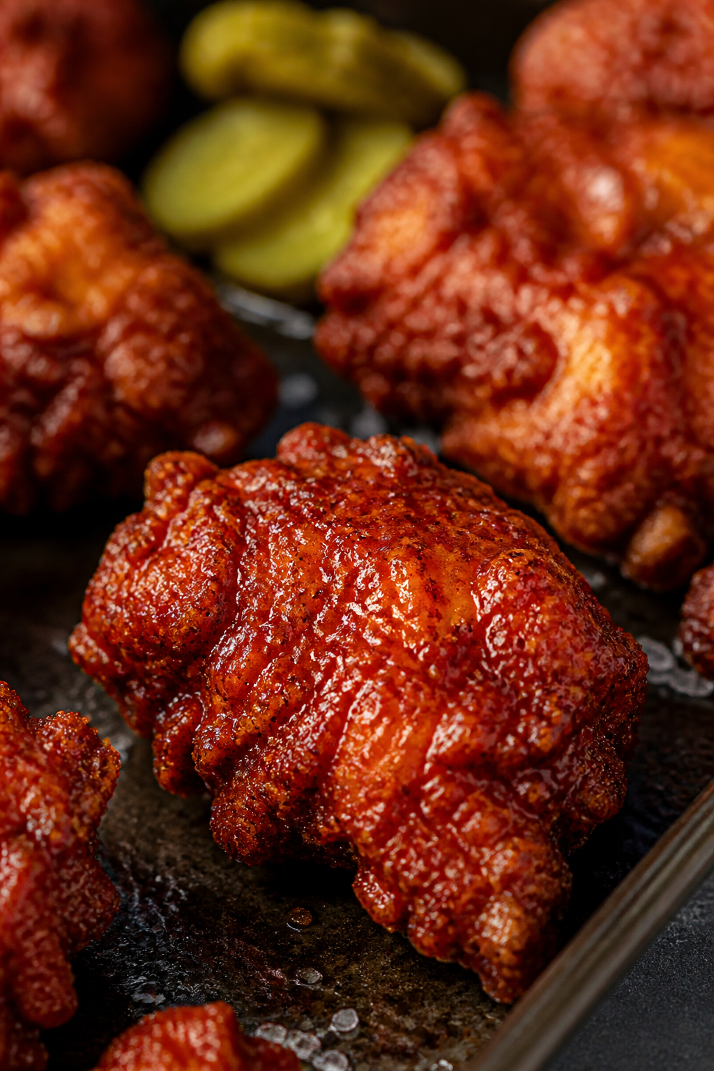 Close-up detail: Crispy Nashville hot chicken bites just after brushing with cayenne-chili spice oil