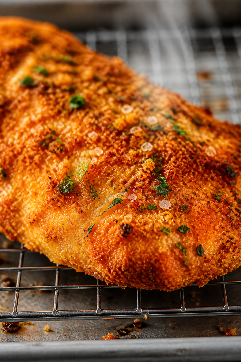 Close-up detail: Crispy Parmesan Crusted Chicken cutlet just out of the pan, ultra close-up showing 