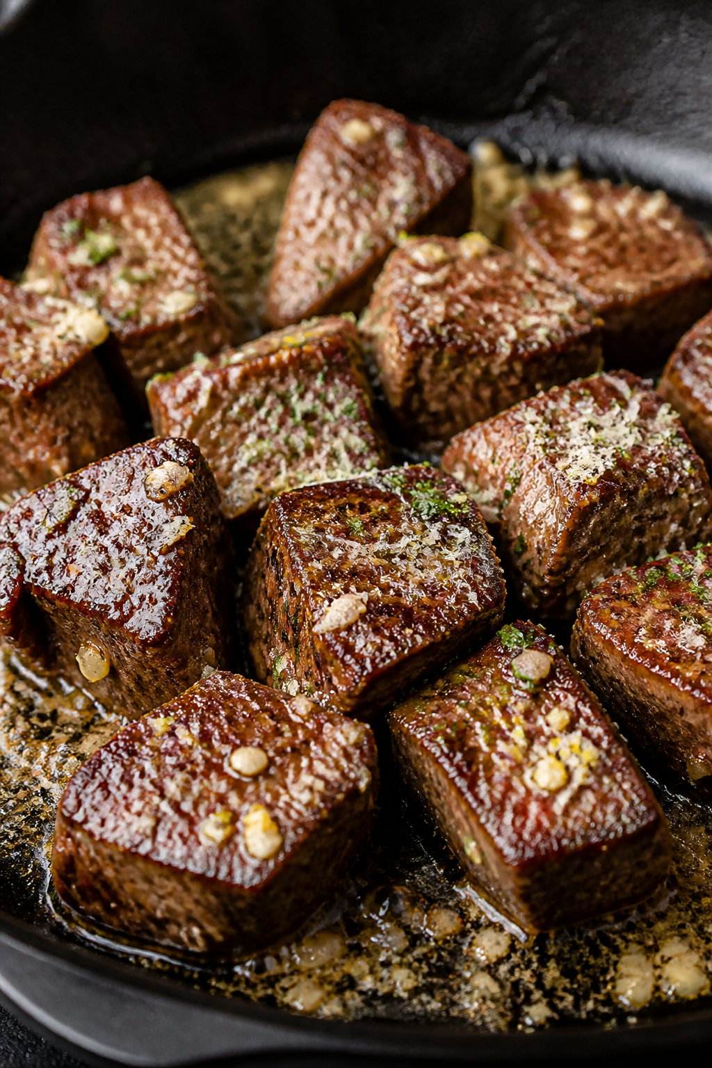 Close-up detail: Garlic Parmesan steak bites just after tossing in garlic butter, showing deep brown