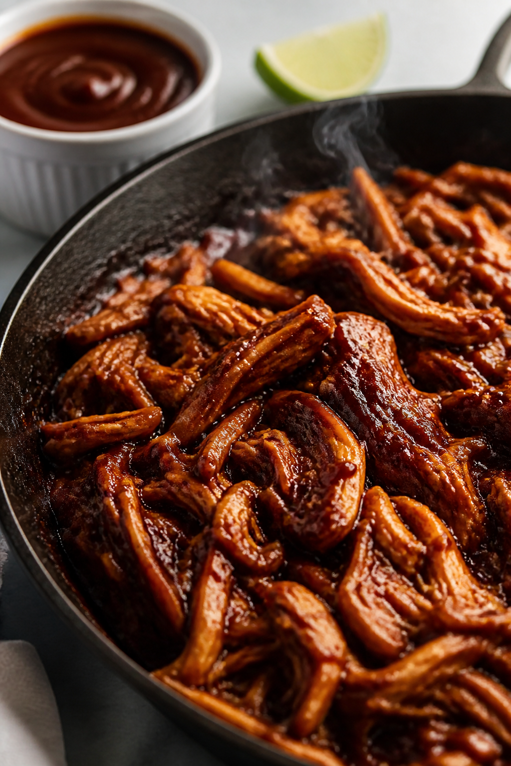 Close-up detail: Glazed BBQ shredded chicken just tossed with sauce in a warm skillet, glossy deep m