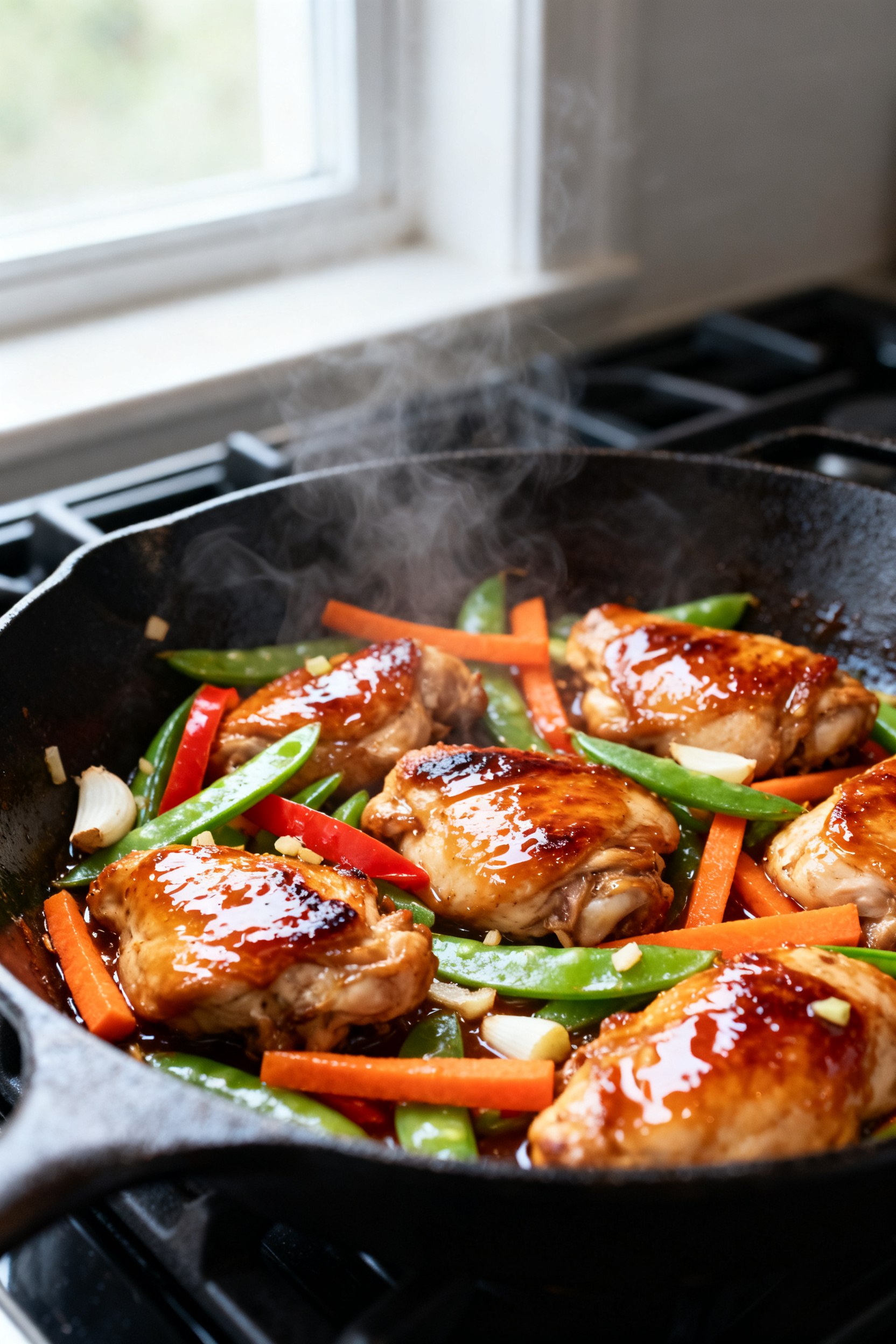 Close-up detail: Glazed chicken thigh pieces and crisp-tender veggies sizzling in a skillet as the g