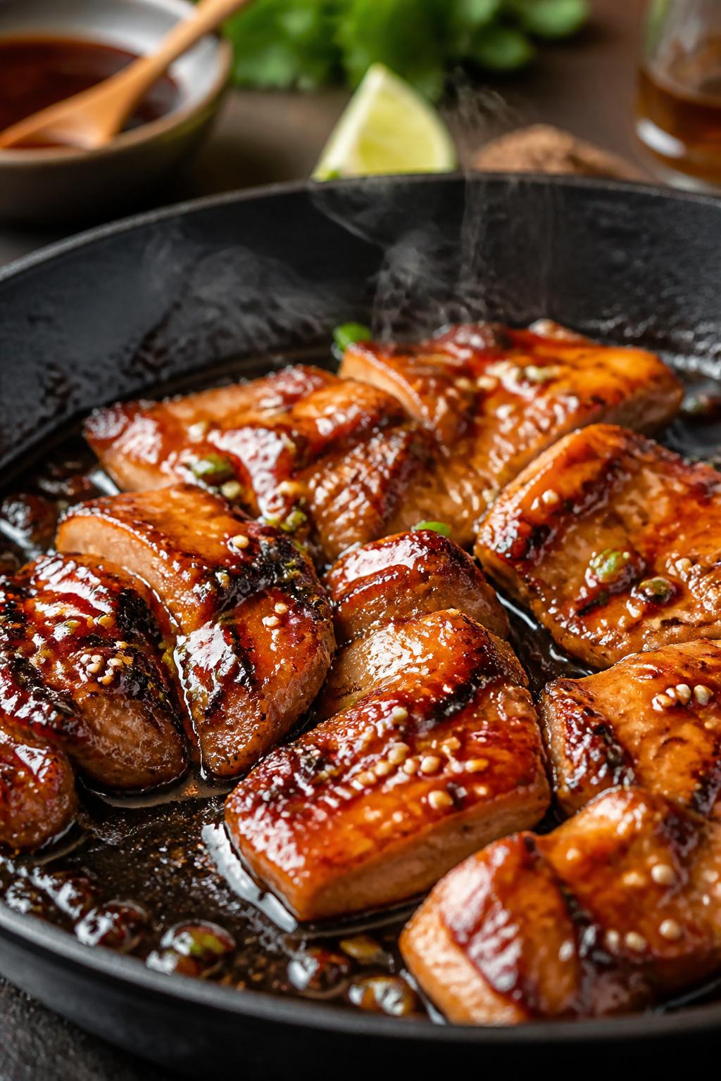 Close-up detail: Glazed honey BBQ chicken slices sizzling in a skillet during the glaze finish, glos
