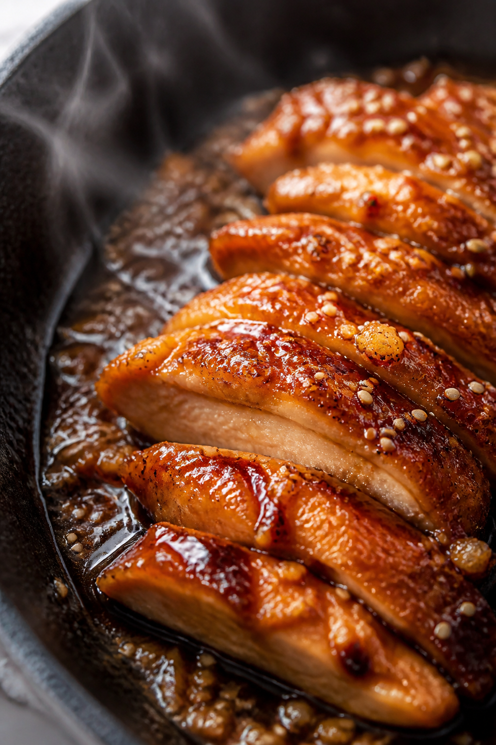 Close-up detail: Glazed honey garlic chicken slices tossed in a glossy, thickened soy-honey-garlic s