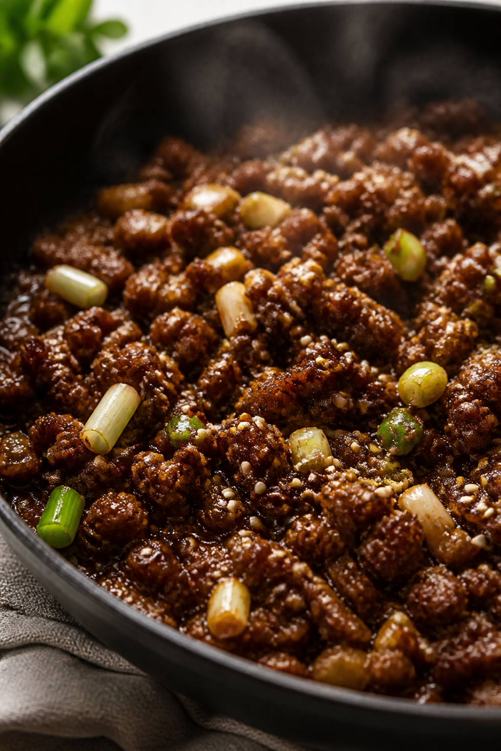 Close-up detail: Glazed Korean-style ground beef sizzling in a wide skillet right after the sauce ha