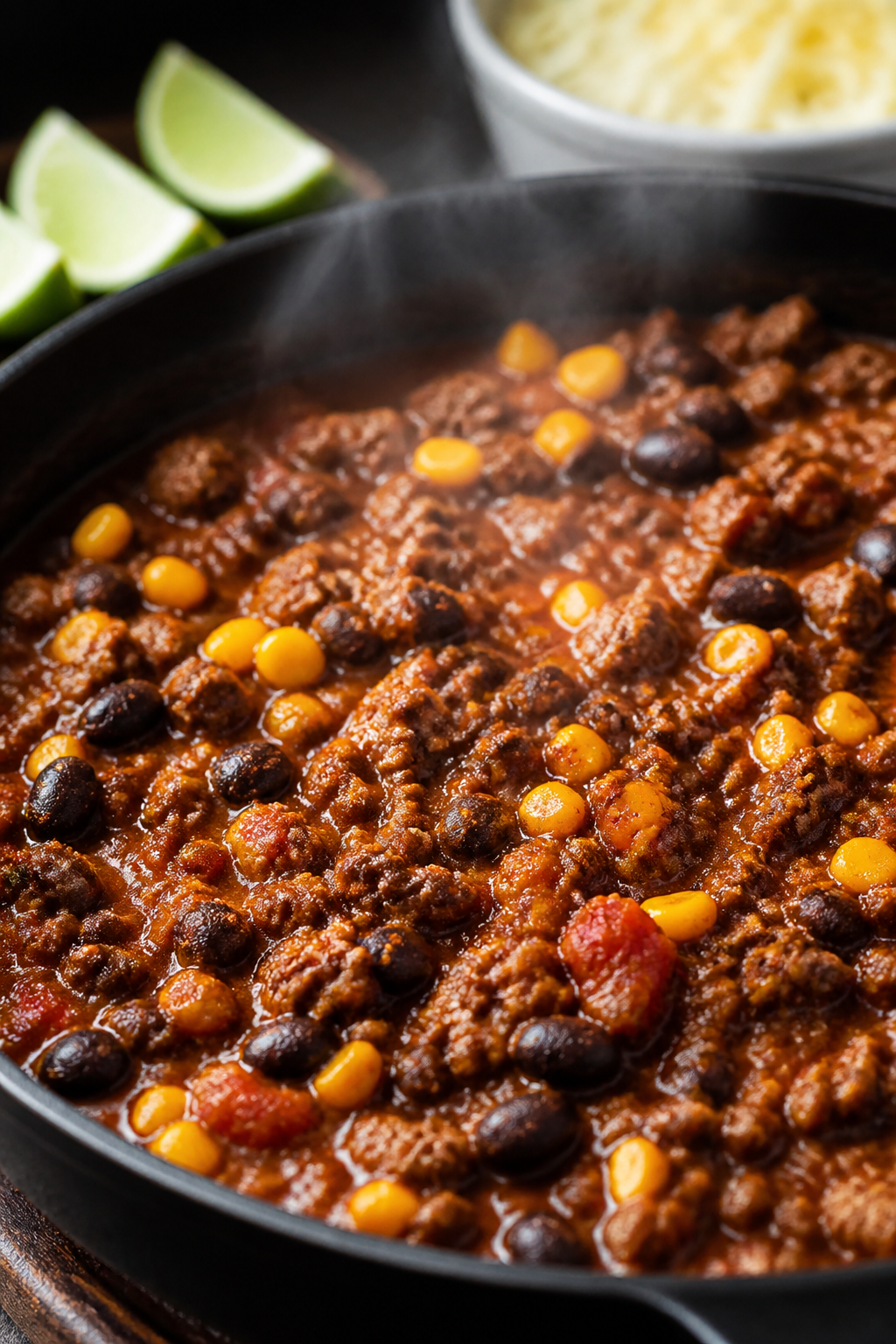Close-up detail: Glossy beef enchilada mixture simmering in a black skillet, showing crumbled, well-