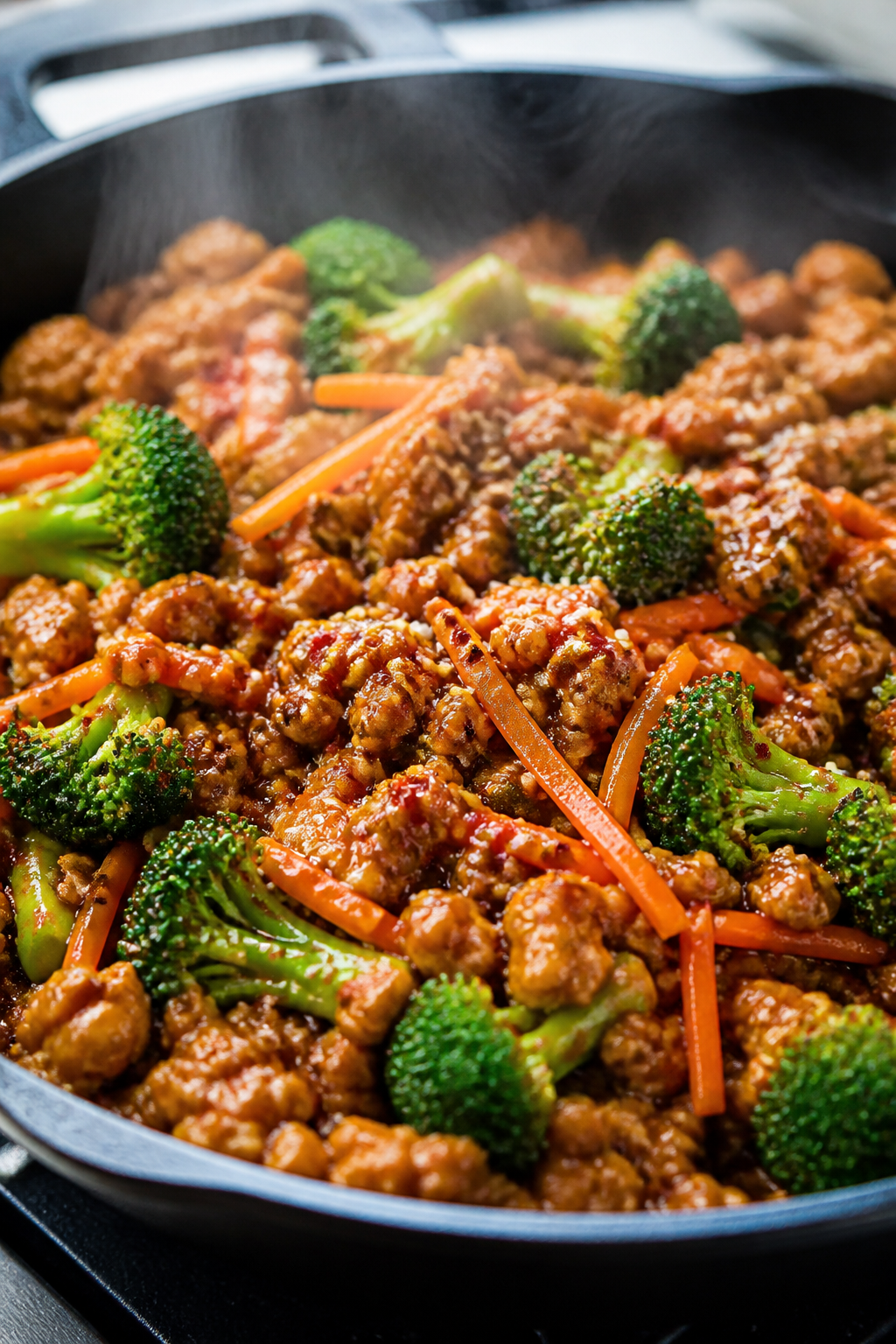 Close-up detail: Glossy ground turkey teriyaki sizzling in a skillet, sauce visibly thickened and cl
