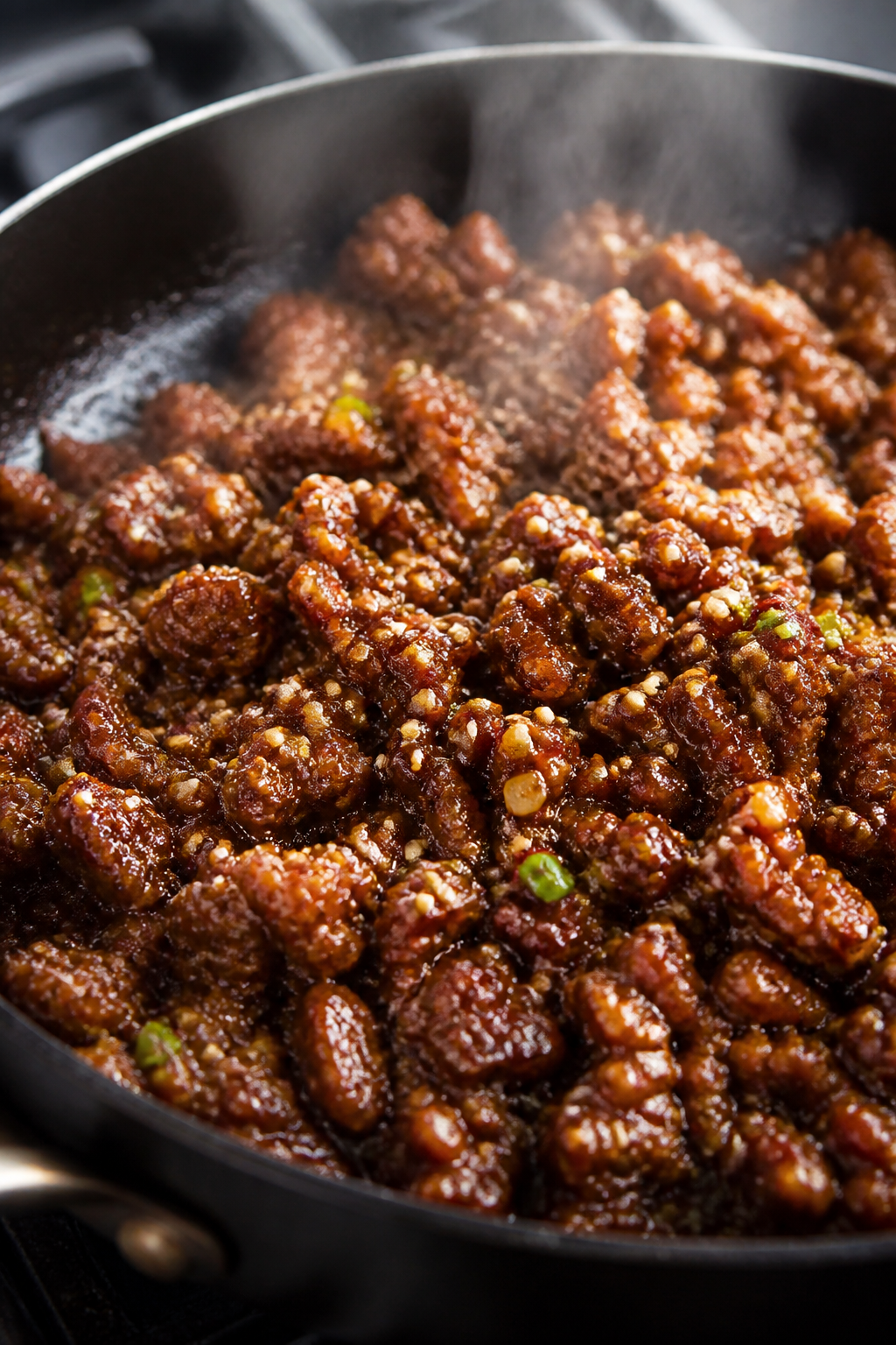 Close-up detail: Glossy Korean-style ground beef sizzling in a skillet just after saucing, coated in