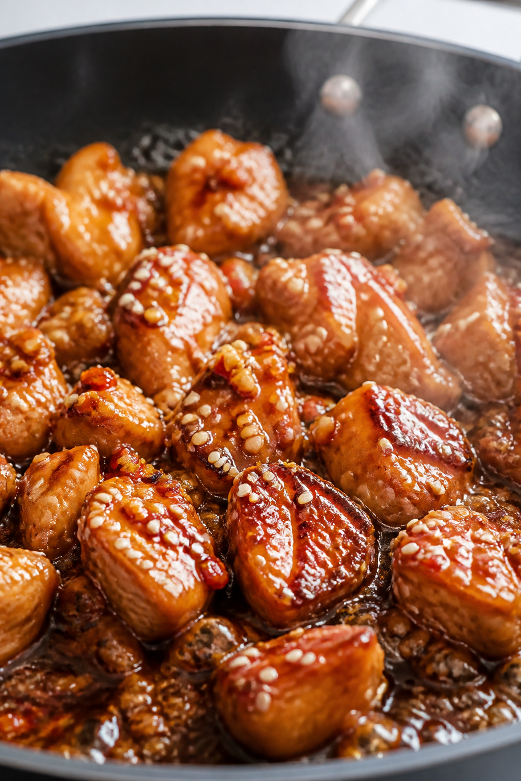 Close-up detail: Glossy sweet chili chicken bites searing in a large skillet, sauce just added and b