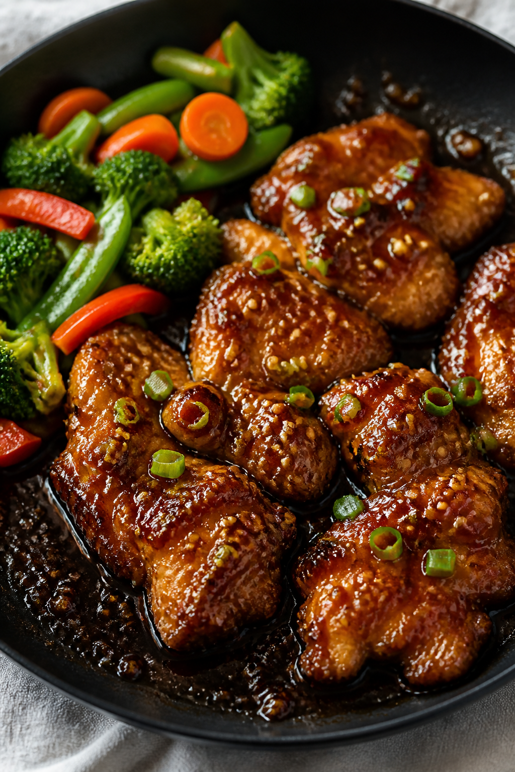 Close-up detail: Glossy teriyaki chicken thigh pieces just after saucing in a skillet, the sauce vis