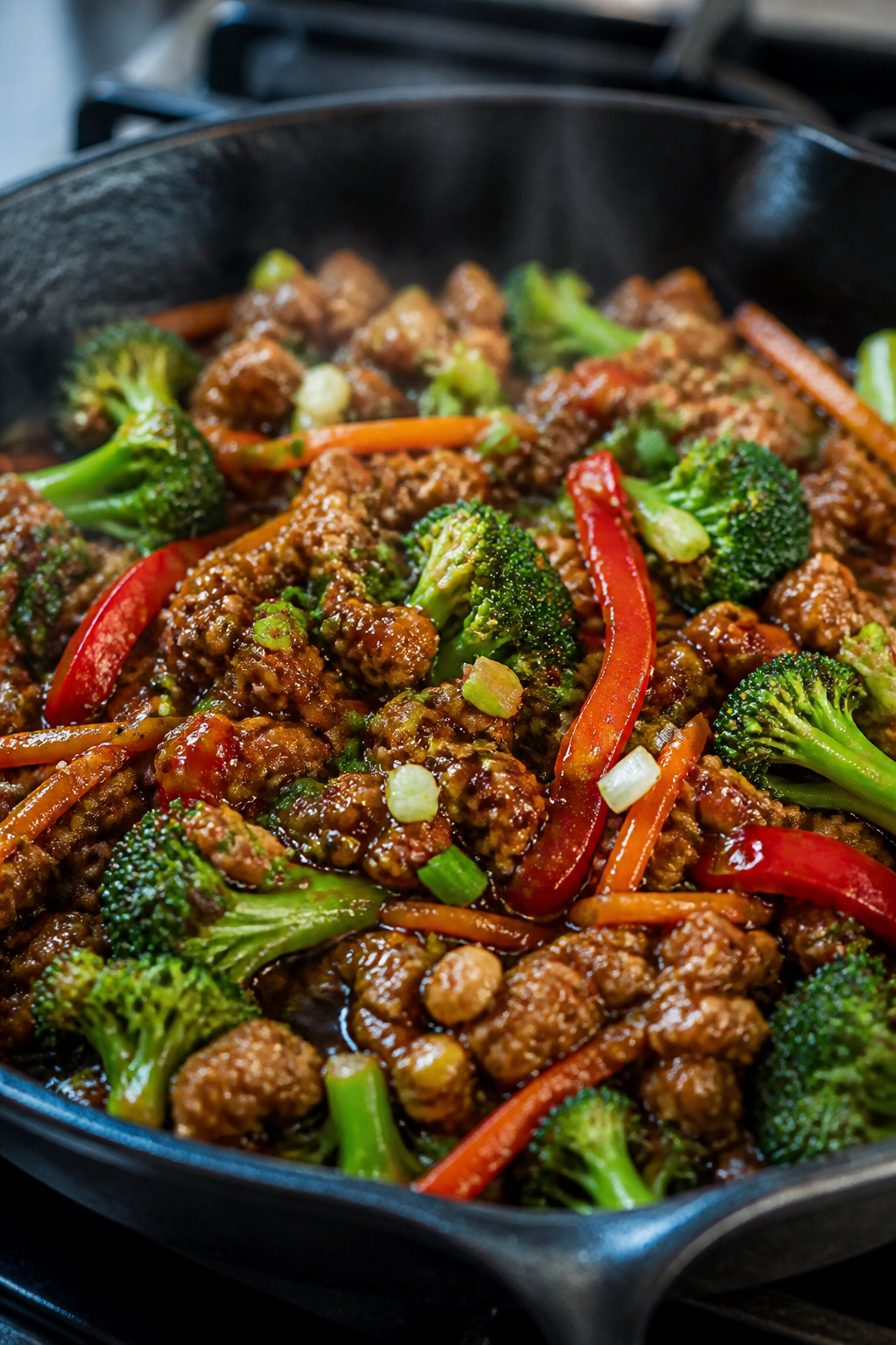 Close-up detail: Glossy teriyaki-coated ground turkey and crisp-tender broccoli, red bell pepper str
