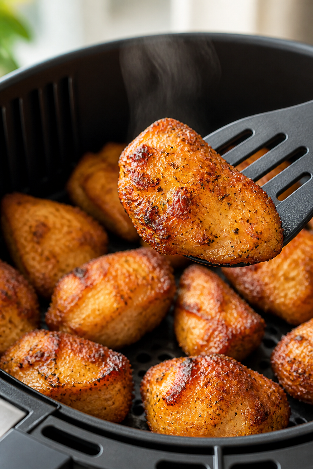 Close-up detail: Golden-brown air fryer chicken bites just out of the basket at 400°F, edges deeply