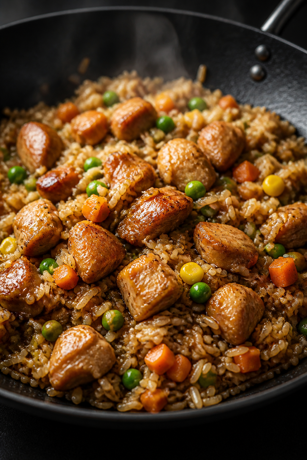 Close-up detail: Golden-brown chicken bites and fluffy day-old jasmine rice sizzling together in a w
