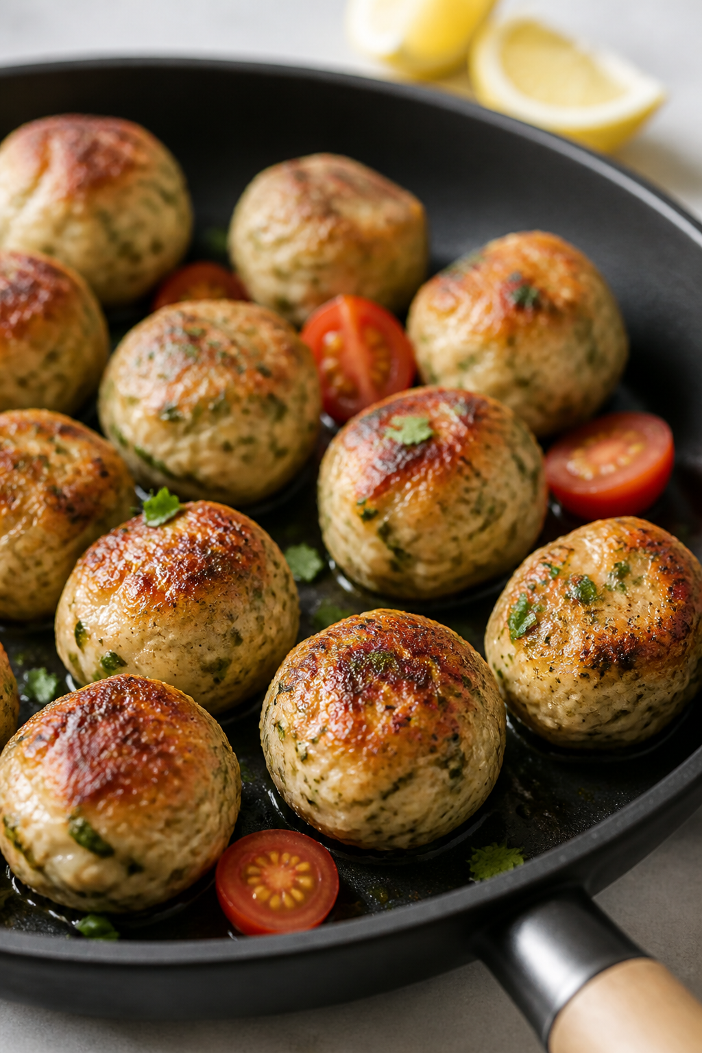 Close-up detail: Golden-browned chicken meatballs just out of a nonstick skillet, seared edges with 
