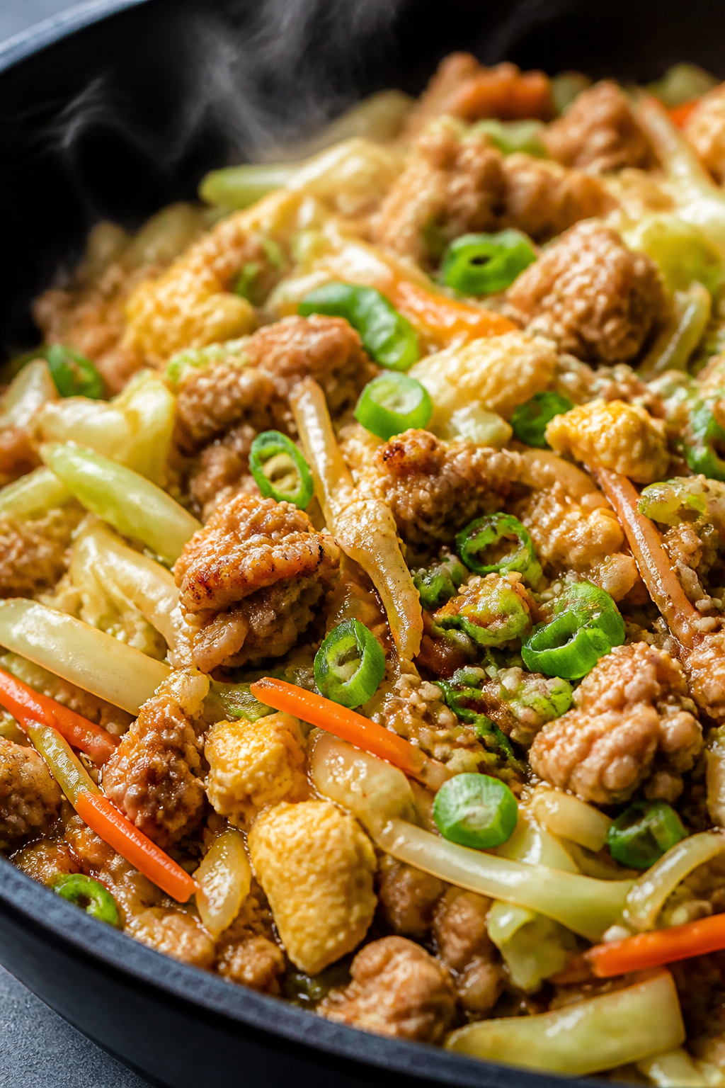 Close-up detail: Golden-browned ground turkey and scrambled egg ribbons nestled among tender-crisp s
