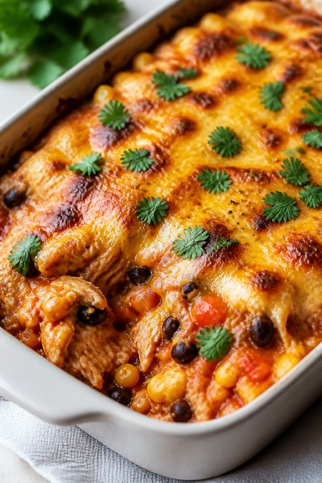Close-up detail: Golden, bubbling chicken burrito casserole just out of the oven, melted Mexican-ble