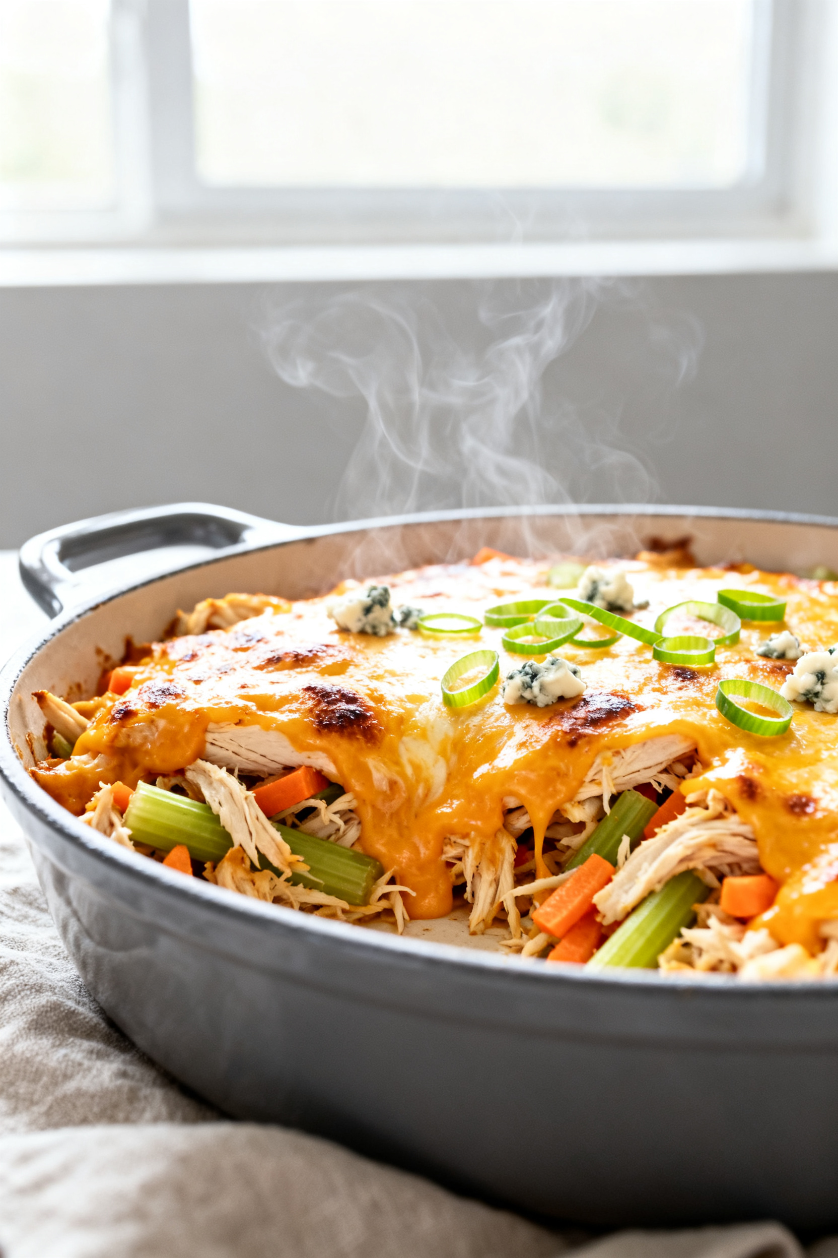 Close-up detail: Golden, bubbling High Protein Buffalo Chicken Bake just out of the oven, cheese mel