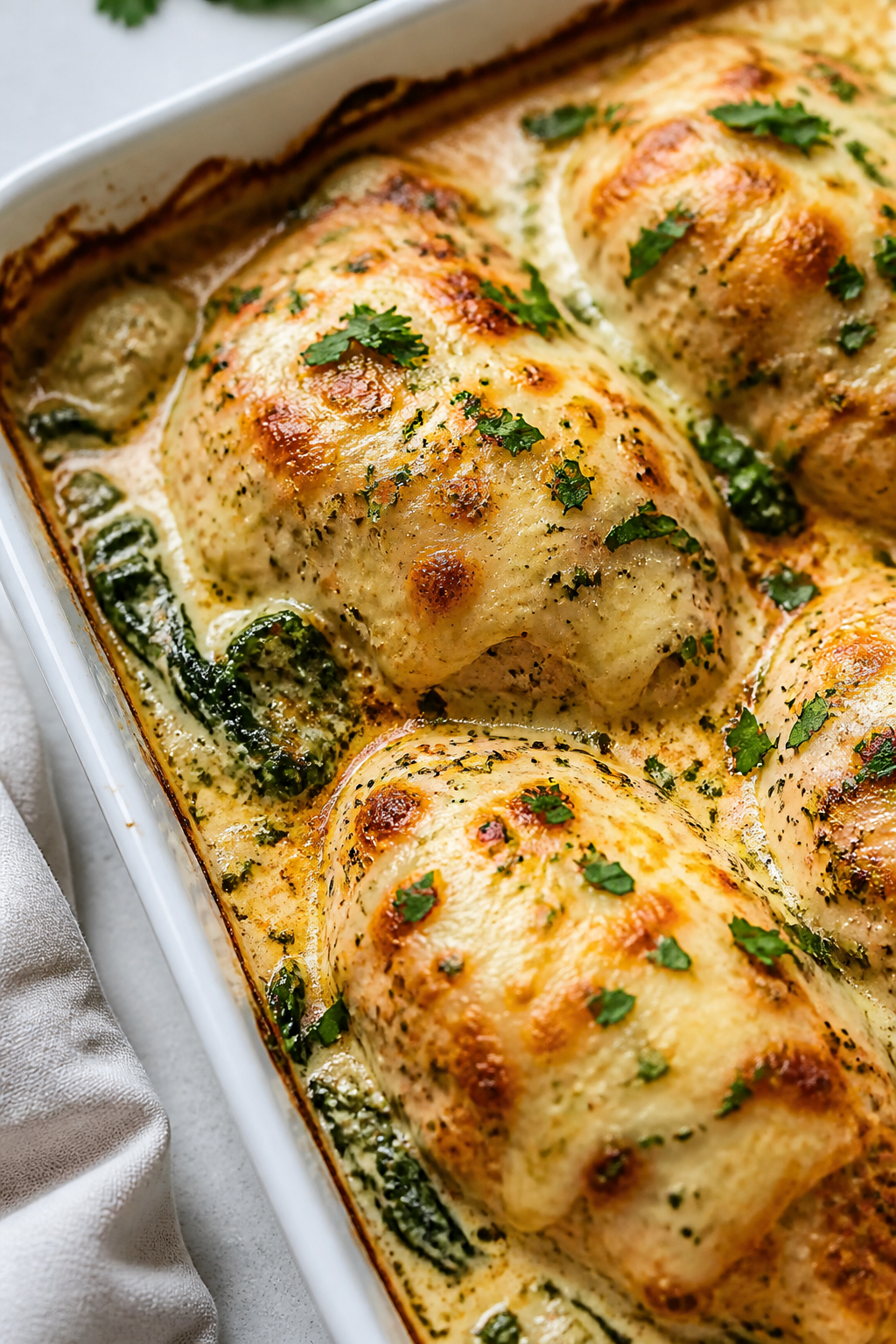 Close-up detail: Golden, bubbling melted mozzarella and Parmesan blanket over juicy baked chicken in