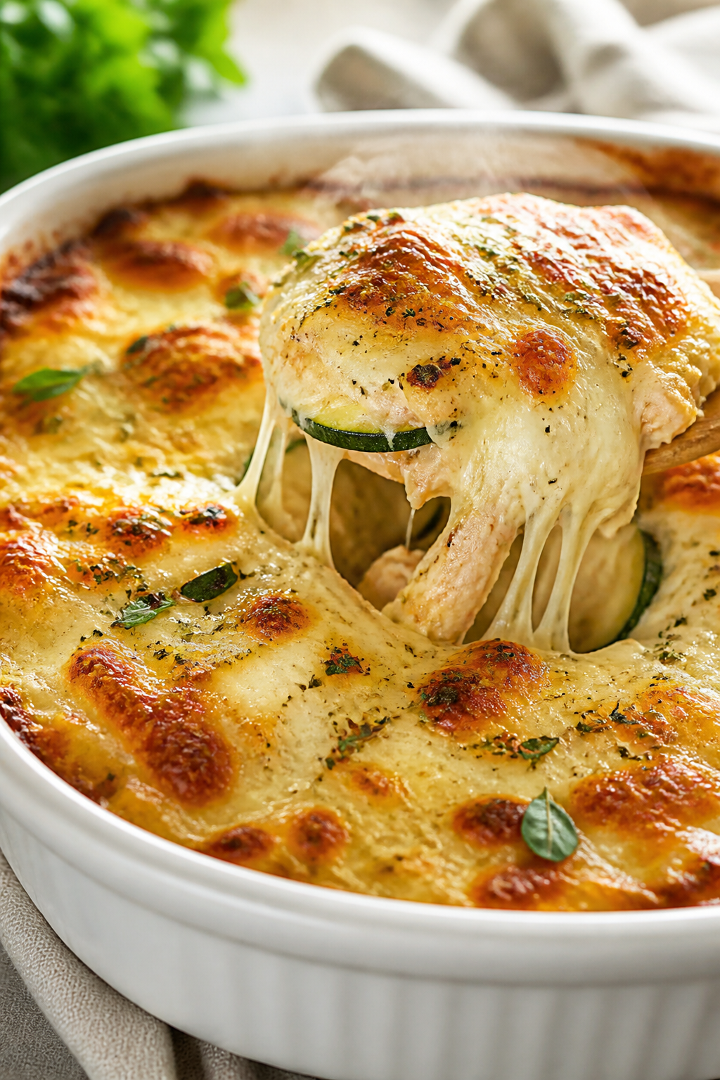 Close-up detail: Golden, bubbly chicken zucchini bake just out of the oven, showing a crisp, lightly