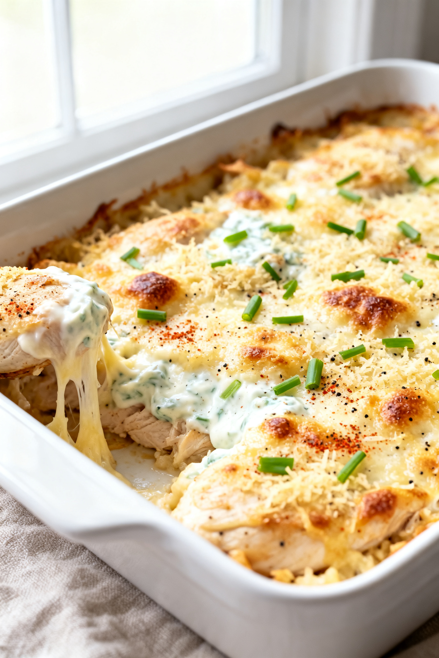 Close-up detail: Golden, bubbly High Protein Ranch Chicken Bake just out of the oven, showing crispe