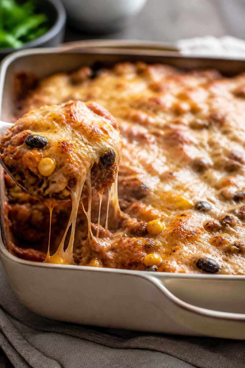 Close-up detail: Golden, bubbly top of a Healthy Ground Beef Burrito Casserole just out of the oven,