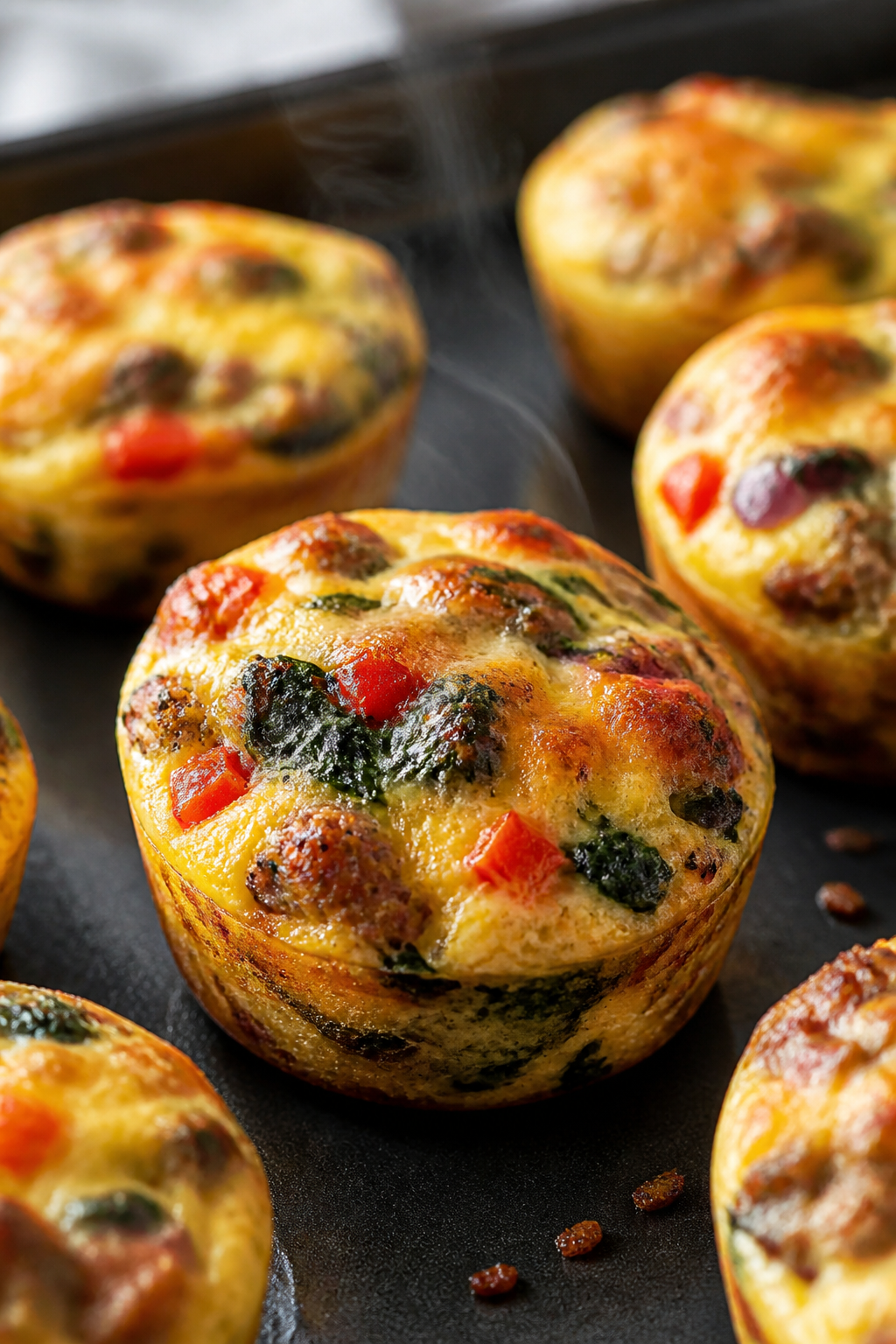Close-up detail: Golden, just-baked egg and sausage muffins lifted from a nonstick muffin tin, chees