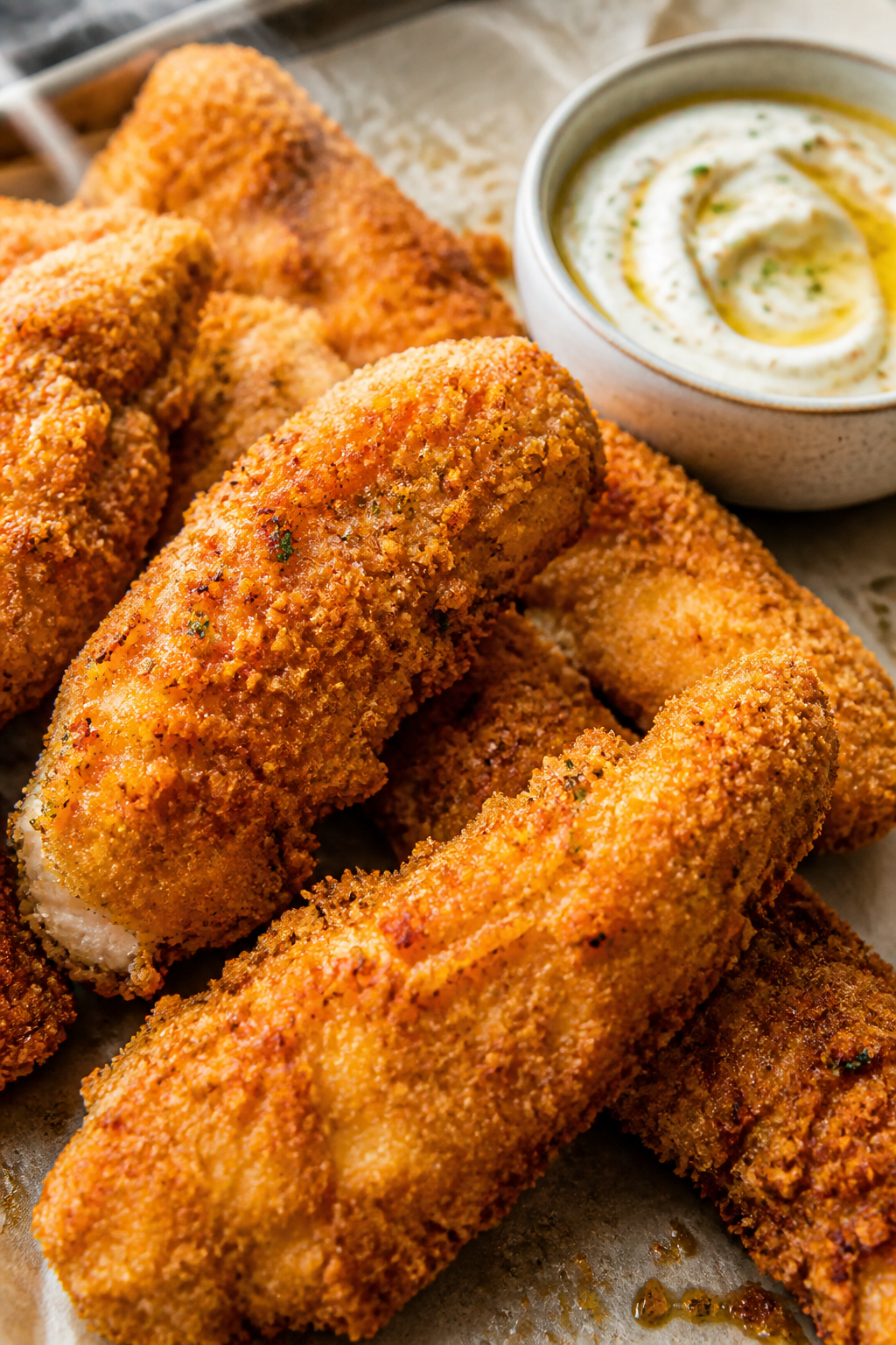 Close-up detail: Golden, oven-baked crispy chicken strips just out of the air fryer basket, panko-Pa