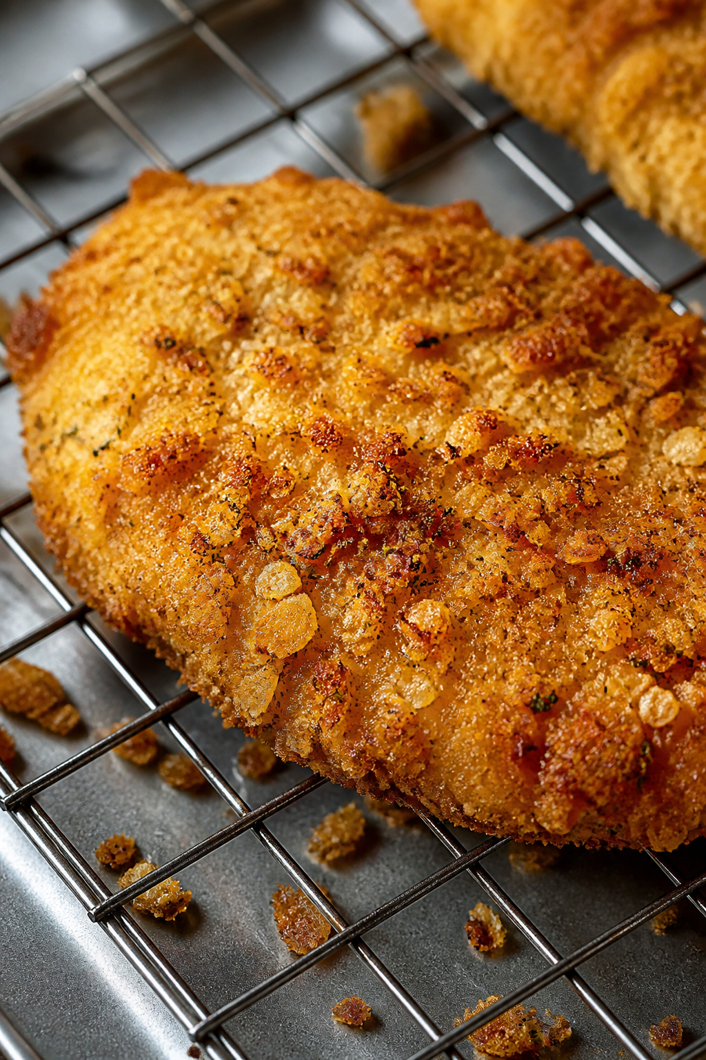 Close-up detail: Golden, oven-baked ranch chicken cutlet resting on a wire rack, ultra-crispy crust