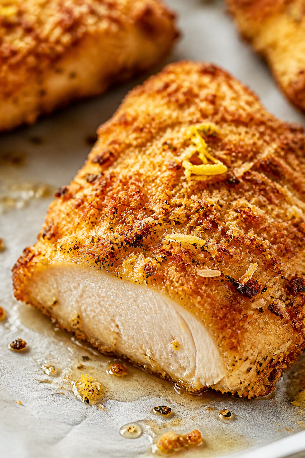 Close-up detail: Golden Parmesan-crusted chicken cutlet just out of the oven, crust visibly crisp wi