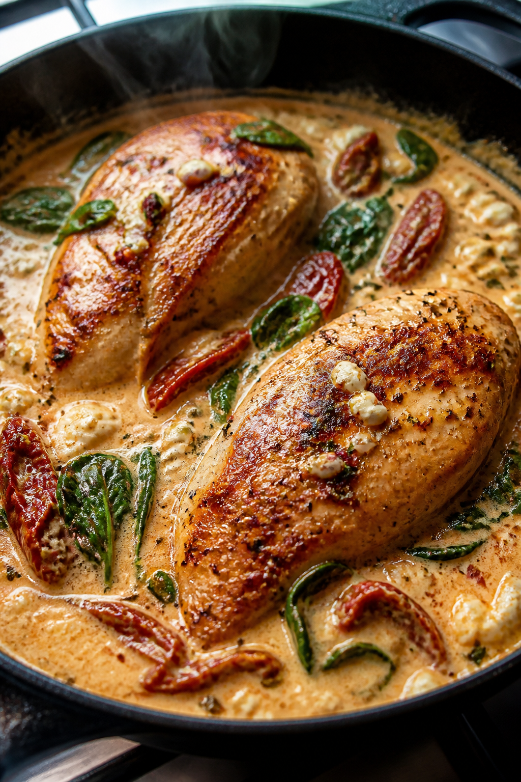 Close-up detail: Golden-seared chicken breasts nestled in a silky, simmering cottage-cheese Tuscan s