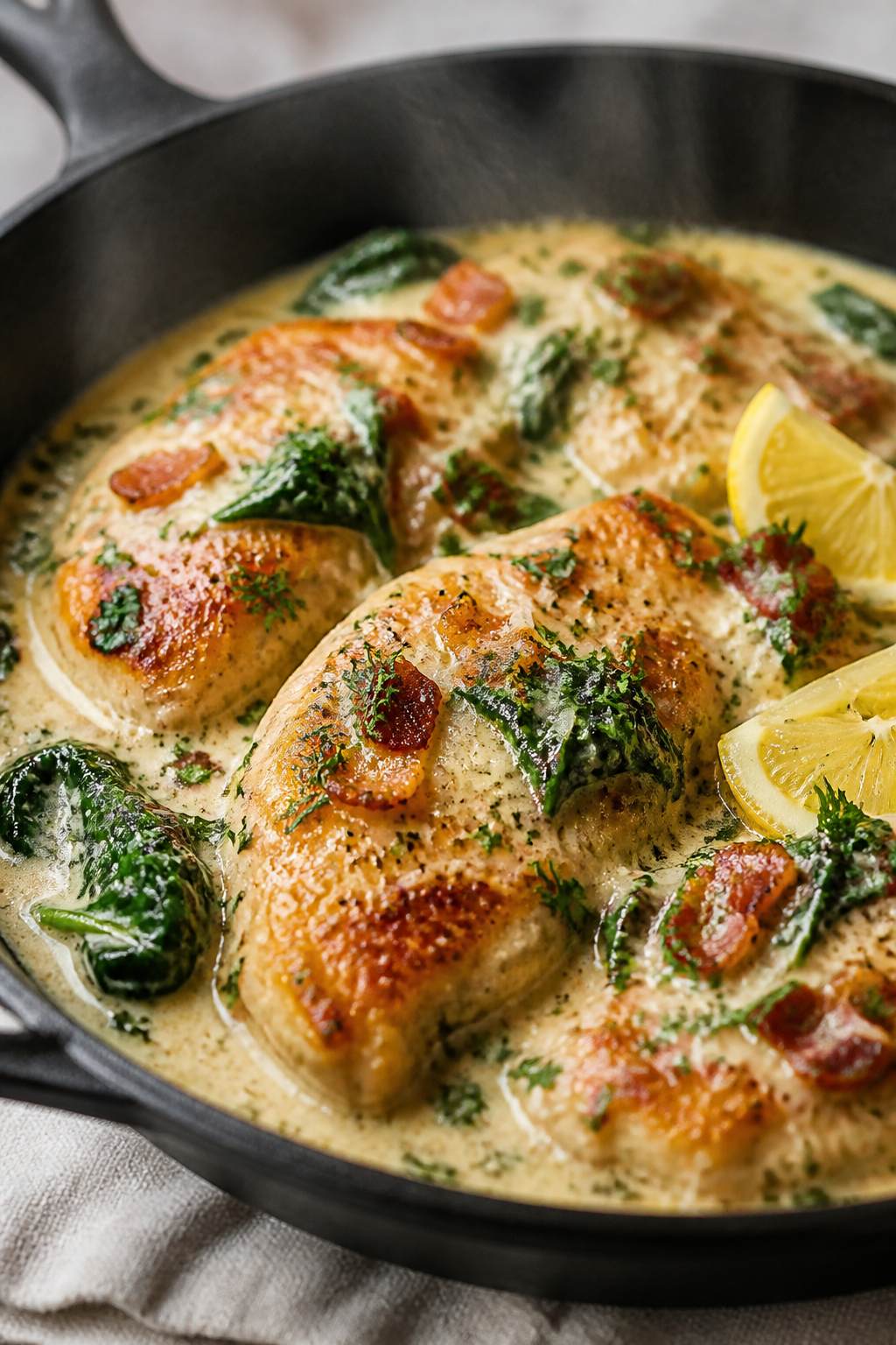 Close-up detail: Golden-seared chicken cutlets nestled in a silky ranch cream sauce with flecks of d
