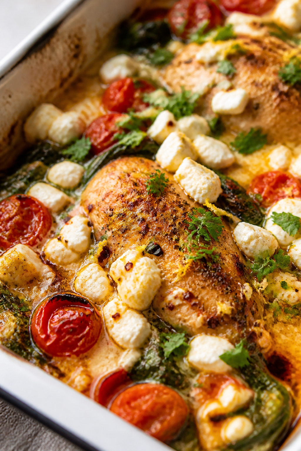 Close-up detail: Golden-topped Chicken Feta Spinach Protein Bake just out of the oven, showing juicy