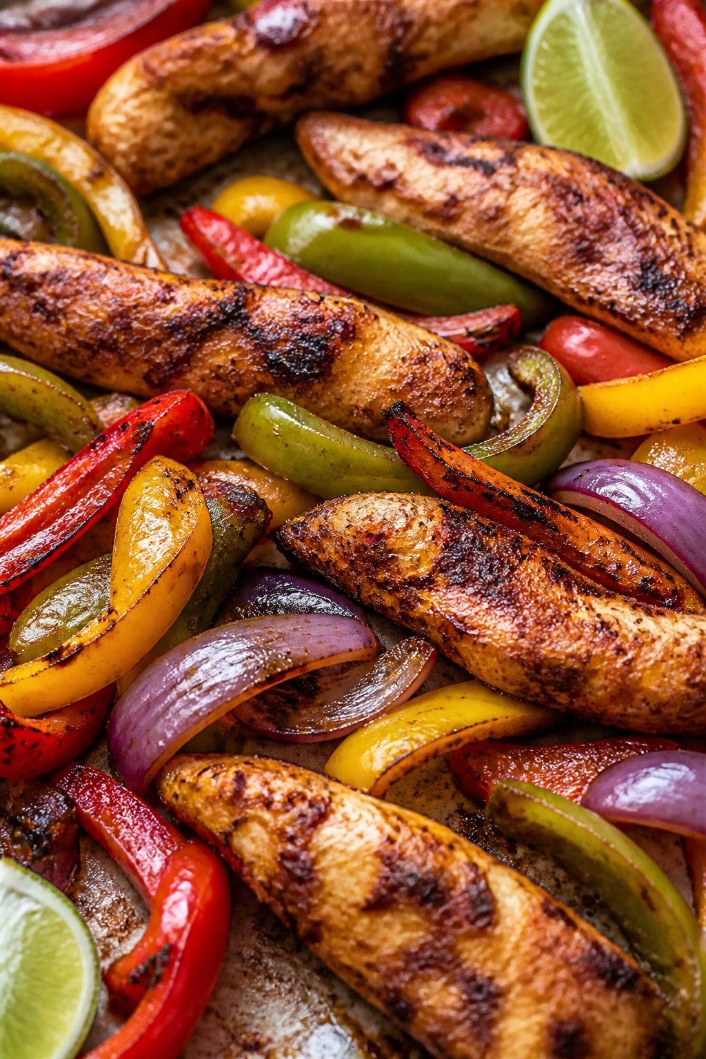 Close-up detail: Juicy, char-kissed chicken fajita strips just out of the oven, nestled between tend